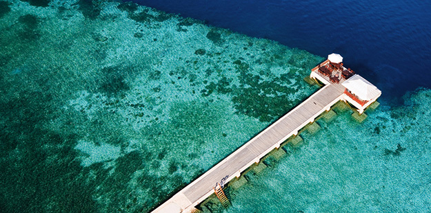 A birdseye view of the House Reef surrounding the Wakatobi jetty.