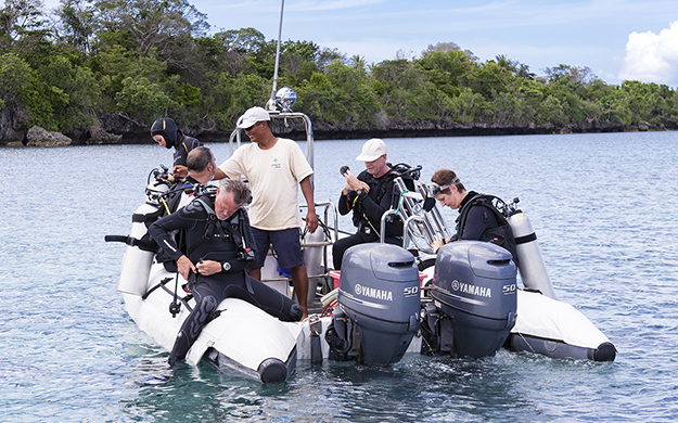 Dives are conducted from a pair of custom-fabricated 18-foot/5.5m rigid hull inflatable dive tenders. 