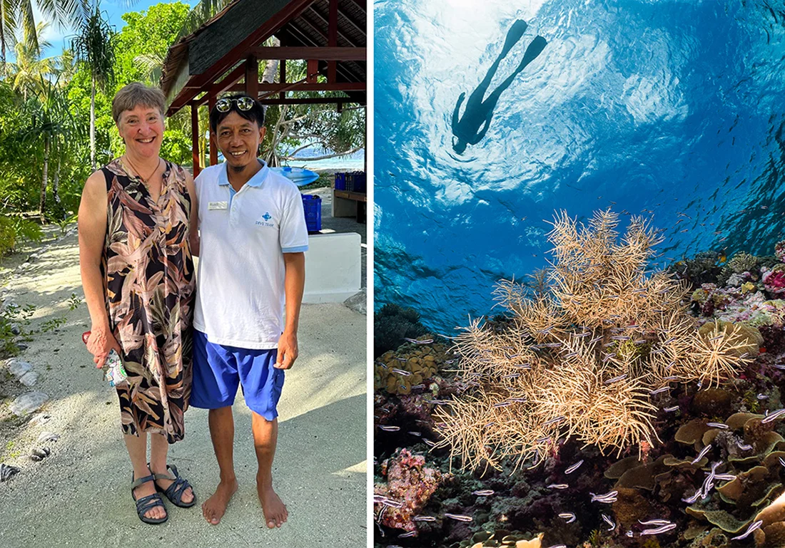 Coral says Wakatobi is the "perfect destination for the solo traveler." She's seen here with her guide and snorkeling at The Zoo.