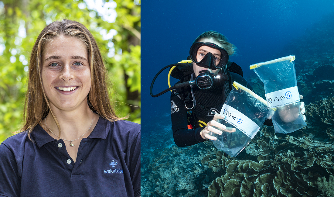 Julia at the resort and taking water samples for eDNA extraction. Photos by Adrienne Gittus