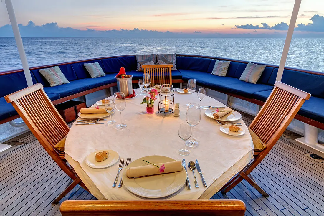 Dinning on board the Pelagian can take place indoors of the main salon, out side on the fantail when the weather is right.