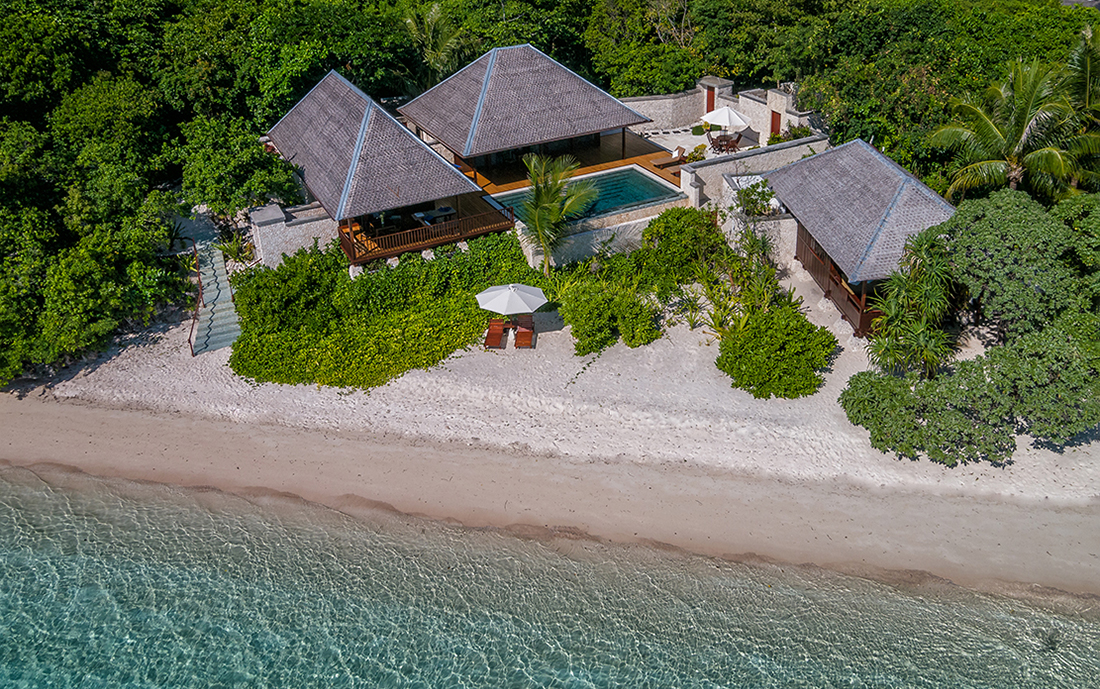 Arial view of one of the two, two-bedroom, pool villas at Wakatobi.