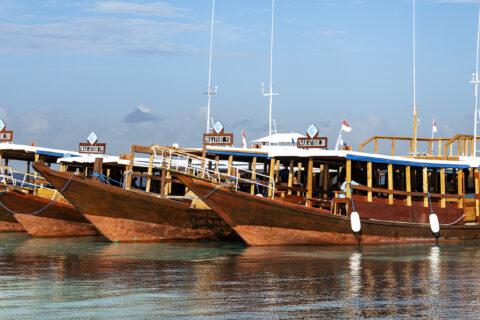 Four of Wakatobi's dive boats lined on the resort's jetty.