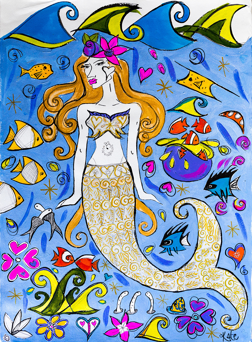 Kate Padget-Koh's Wakatobi-themed creation depicting a sea goddess. This work now adorns a series of custom sarongs that she makes available to the resort for gifting and sales at the Boutique.
