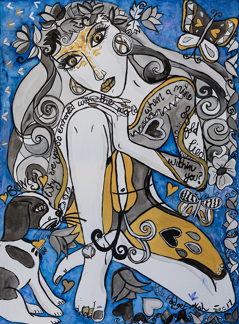 Kate Padget-Koh's Wakatobi-themed creation depicting a sea goddess. This work now adorns a series of custom sarongs that she makes available to the resort for gifting and sales at the Boutique.